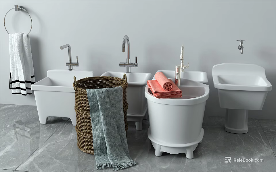 White Bathroom Sinks With Faucets Wicker Basket Towels And Pedestal Basin 3d model 