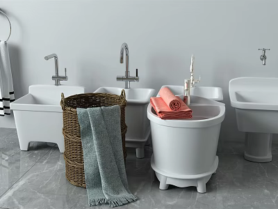White Bathroom Sinks With Faucets Wicker Basket Towels And Pedestal Basin 3d model