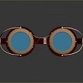 Vintage Brass Frame Goggles With Red Headband And Blue Lenses On Black Surface