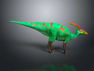 Green Dinosaur Model with Colorful Patterns and Orange Red Crest Standing on Dark Background 3d model