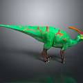 Green Dinosaur Model with Colorful Patterns and Orange Red Crest Standing on Dark Background
