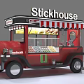 Red Stickhouse Mobile Food Cart With Striped Awning Drink Display And Balloons