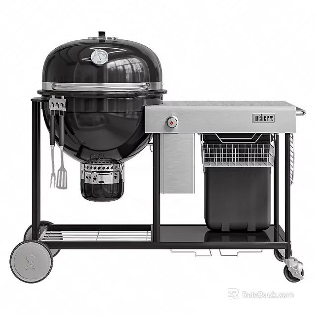 Portable Black Outdoor Barbecue Grill Cart With Wheels Tool Hooks And Storage Shelf 3d model 