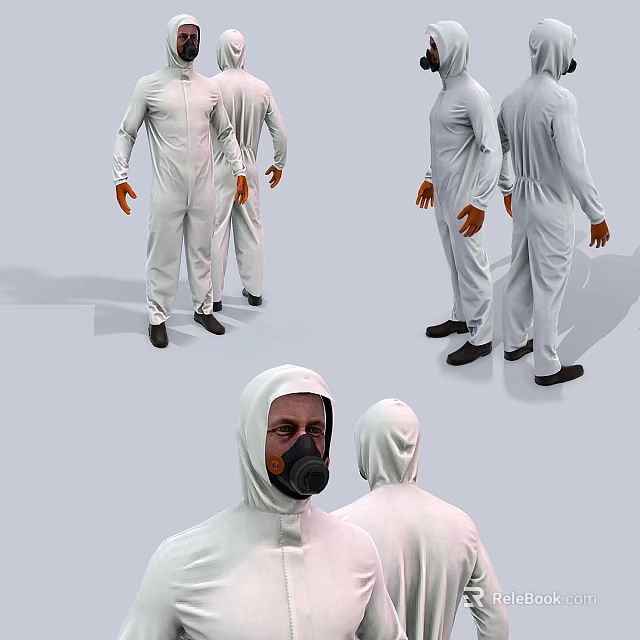 Men In White Protective Suits Wearing Gas Masks Display Multiple Angles 3d model 