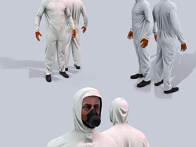 Men In White Protective Suits Wearing Gas Masks Display Multiple Angles 3d model