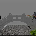 Stone Arch Landscape Bridge With Openwork Railings Rockery Green Plants And Gravel Ground