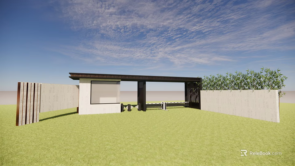 Modern Entrance Gate Design With Black Frame Green Lawn White Wall And Blue Sky 3d model 