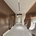 Modern Commercial Public Restroom With Mirrors Pedestal Sinks And Soft Ambient Indoor Lighting Design