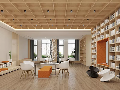 Modern Book Art Interior Design With Wooden Bookshelves Ceiling Windows And Reading Space 3d model