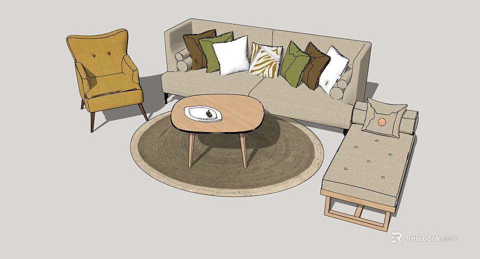 Beige Sofa With Colorful Cushions Wooden Round Coffee Table Yellow Armchair And Ottoman On Carpet 3d model 