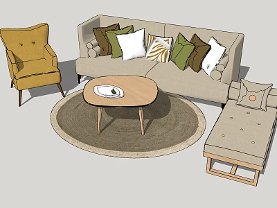 Beige Sofa With Colorful Cushions Wooden Round Coffee Table Yellow Armchair And Ottoman On Carpet 3d model