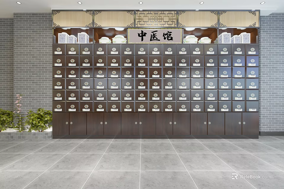 Traditional Chinese Medicine Clinic Interior With Wooden Storage Cabinet And Multiple Herb Drawers 3d model 