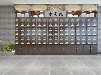 Traditional Chinese Medicine Clinic Interior With Wooden Storage Cabinet And Multiple Herb Drawers 3d model