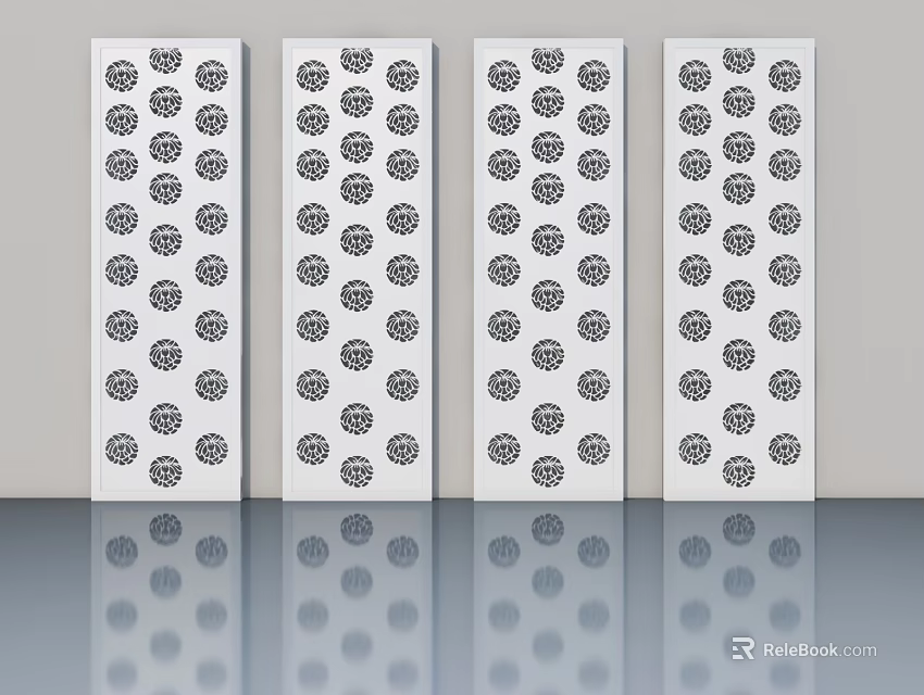 Four White Casement Doors With Repeating Black Decorative Patterns On Reflective Floor 3d model
