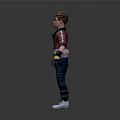 3D Boy Character Wearing Red White Hoodie Blue Jeans Yellow Gloves Standing On Gray Background