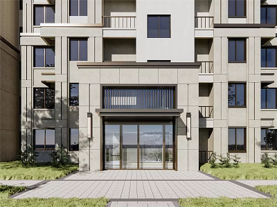 Modern Building Entrance With Stone Facade Glass Door And Greenery Paved Ground 3d model