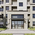 Modern Building Entrance With Stone Facade Glass Door And Greenery Paved Ground