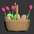 Green Easter Eggs With Pink Polka Dots In Basket Decorated With Pink Tulips Orange Bow