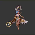 Elegant Woman With Blue Hair Ornamental Headdress Feather Decorations And Staff