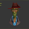 Stylized 3D Game Movie Character Wearing Brown Hat Red Glasses Brown Coat And Blue Shirt