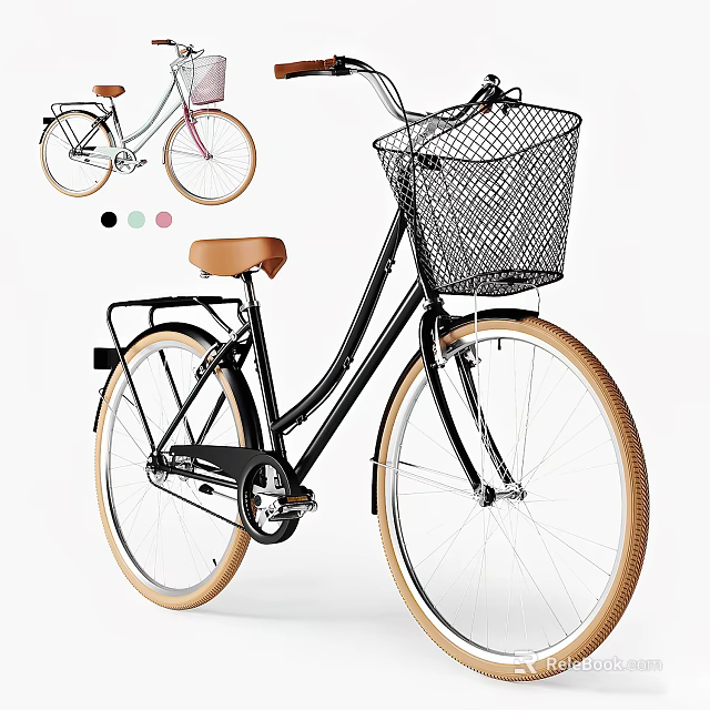 Stylish Bicycle With Front Basket Brown Seat And Rear Rack 3d model 