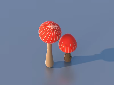 Two Red Mushrooms With White Stripes And Wooden Stems On Blue Background 3d model