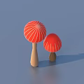 Two Red Mushrooms With White Stripes And Wooden Stems On Blue Background