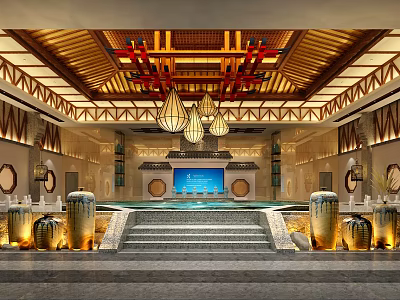 Traditional SPA Sauna Interior With Wooden Ceiling Chandeliers Circular Decorations Pool Steps And Ceramic Jars 3d model