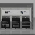 Modern Display Shelf Showcasing Smart Kitchen Appliances With Multiple Black Ovens 3d model