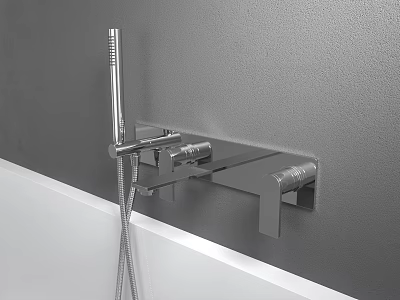 Wall Mounted Bathroom Faucet with Handheld Shower Above White Bathtub on Gray Wall 3d model