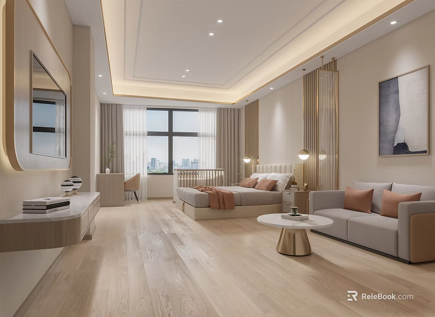 Elegant Modern Hotel Guest Room With Comfortable Bed Sofa Large Window And Wooden Flooring 3d model 