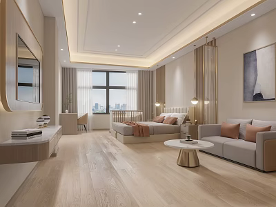 Elegant Modern Hotel Guest Room With Comfortable Bed Sofa Large Window And Wooden Flooring 3d model