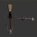 Witch With Cloak And Broomstick With Lamp Standing Next To White Rabbit
