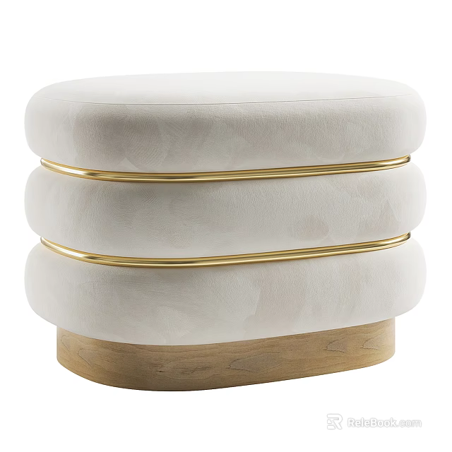 Ivory Upholstered Ottoman With Gold Metal Trim Layered Design And Wooden Base 3d model 