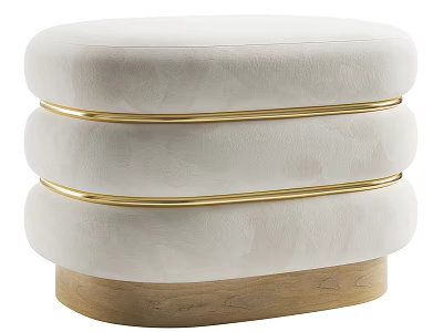 Ivory Upholstered Ottoman With Gold Metal Trim Layered Design And Wooden Base 3d model