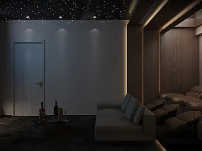 Home Theater Room With Starry Ceiling Dark Walls Wooden Accents And Comfortable Seating 3d model