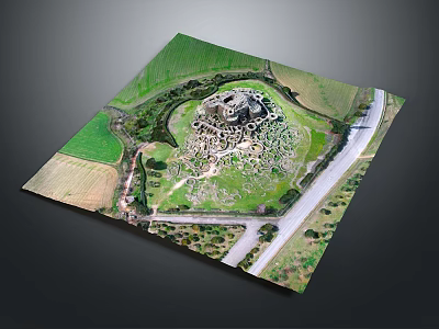 Whimsical Cartoon Scene Aerial View of Round Ruins Surrounded by Green Fields and Road 3d model