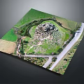 Whimsical Cartoon Scene Aerial View of Round Ruins Surrounded by Green Fields and Road