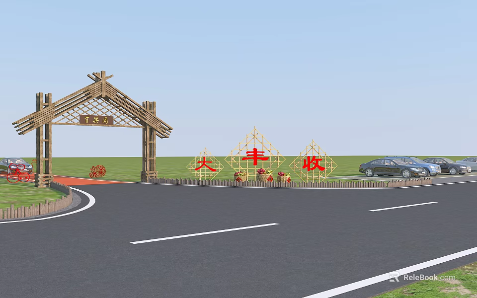 Wooden Archway Entrance Gate With Harvest Themed Red Decorations Green Lawn And Curved Road 3d model 