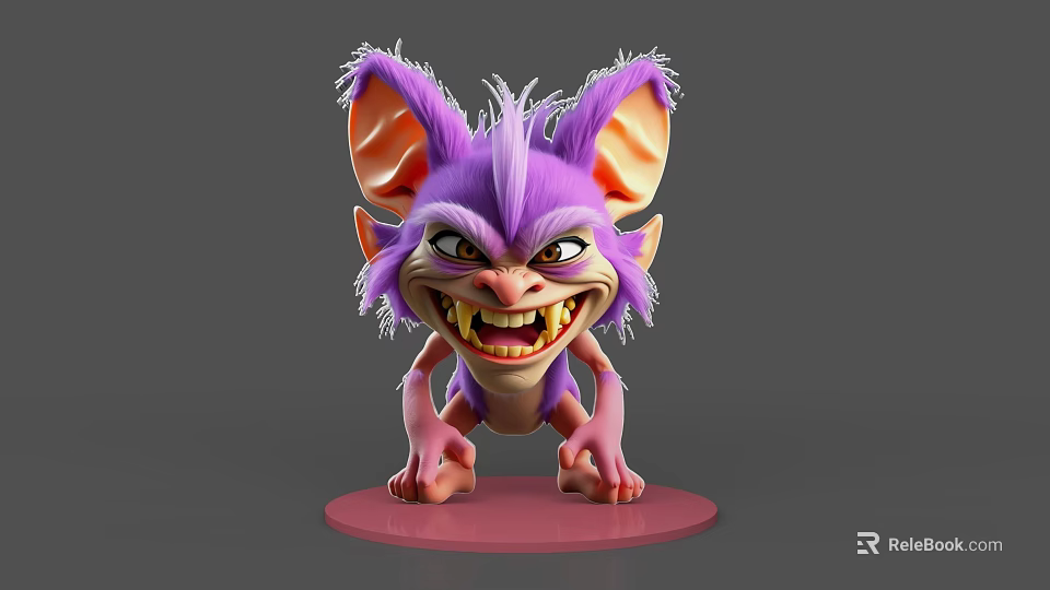 Fierce Game Movie Character With Purple Fur Large Ears And Sharp Teeth On Pink Base 3d model 