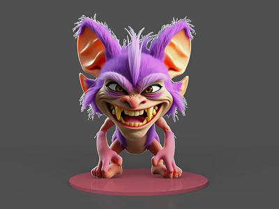 Fierce Game Movie Character With Purple Fur Large Ears And Sharp Teeth On Pink Base 3d model