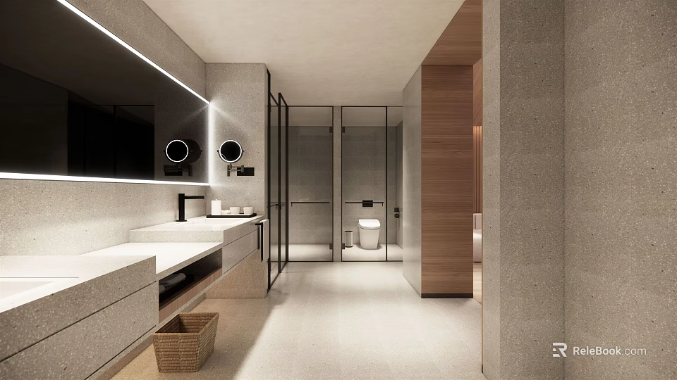 Modern Hotel Bathroom Interior With Large Mirror White Vanity Glass Shower And Wooden Accents 3d model 