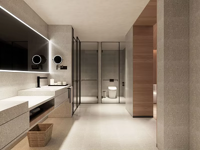 Modern Hotel Bathroom Interior With Large Mirror White Vanity Glass Shower And Wooden Accents 3d model