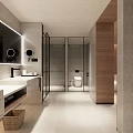 Modern Hotel Bathroom Interior With Large Mirror White Vanity Glass Shower And Wooden Accents