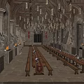 Medieval Great Hall Interior With High Vaulted Stone Ceiling Wooden Beams And Hanging Candle Chandeliers