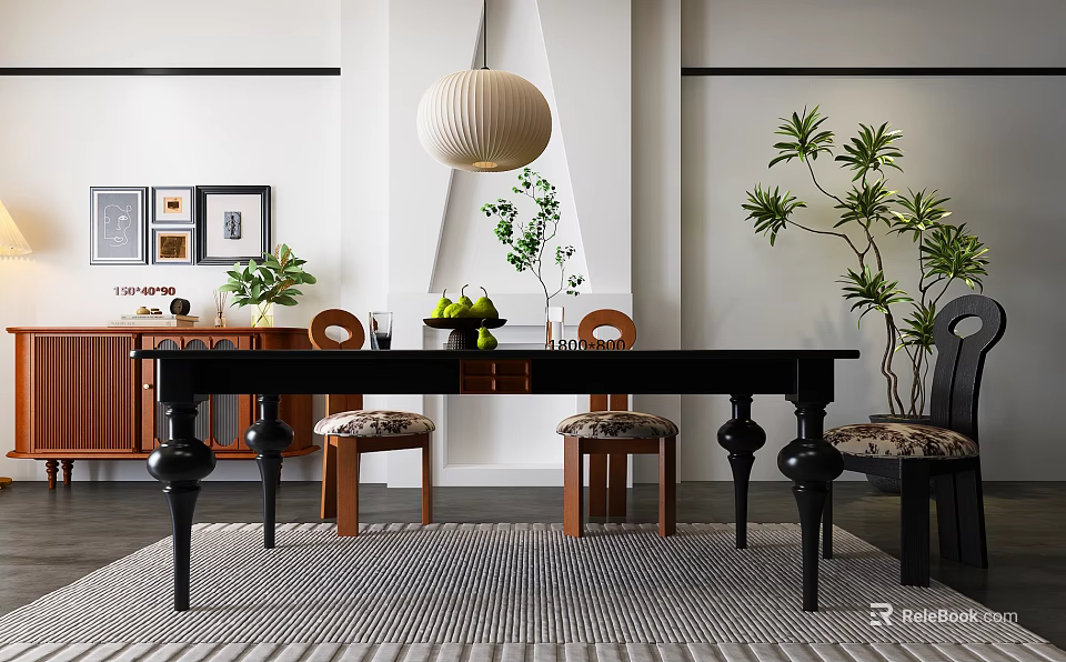 Stylish Black Dining Table Set With Wooden Chairs Cushions Pendant Light Plants And Decorative Paintings 3d model 