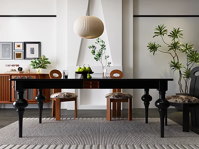 Stylish Black Dining Table Set With Wooden Chairs Cushions Pendant Light Plants And Decorative Paintings 3d model
