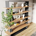 Modern Wooden and Metal Shelving Unit Displaying Vases Photo Frames Books and Decorative Items