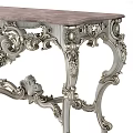 Ornate European Style Console Table With Silver Carved Frame And Wooden Top