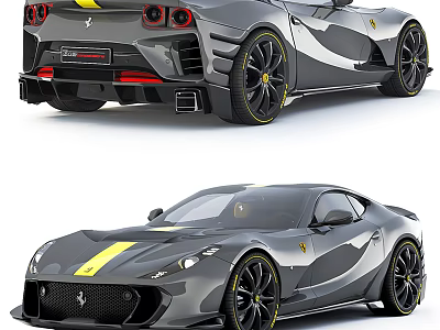 Gray Sports Car With Yellow Stripe Front And Rear Views 3d model